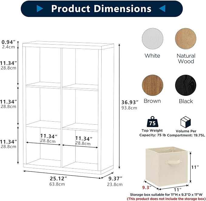 6 Cube Storage Organizer, 2x3 Cube Bookshelf, Cubby Storage Shelf, Wooden Organizer Shelf with Thickened Boards, for Closet Bedroom Home Office Living Room, 36.93" L x 9.37" W x 25.12" H, Natural-Oak