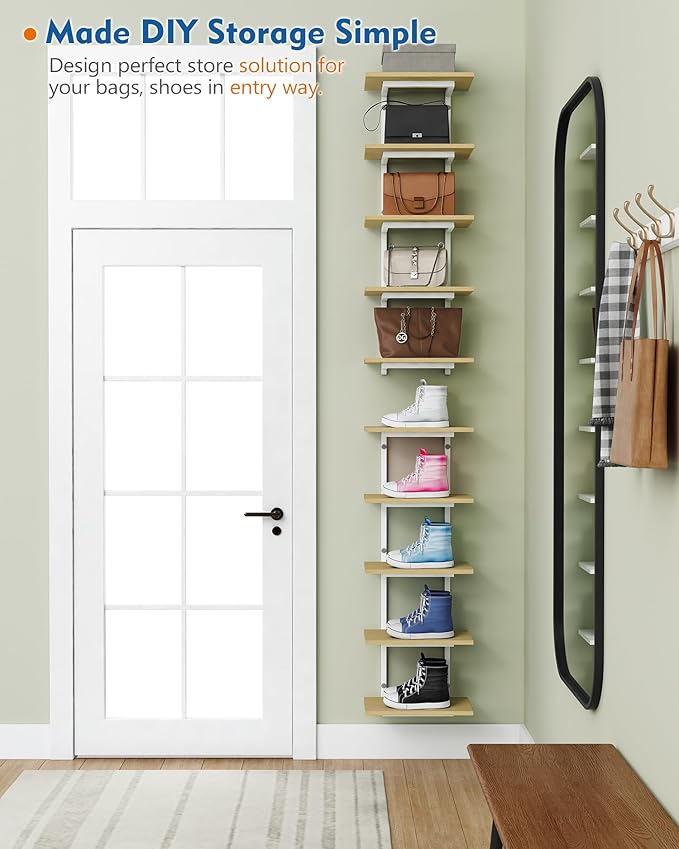Harwaya White and Natural Tiered Wall Shelf Unit, 5 Tier Display Floating Shelves, Deep Hanging Wall Shelving Unit for Living Room Plants TV, Bedroom Books, Office Décor (White and Natural Wood)