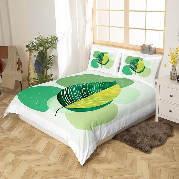 Erosebridal Green Modern Bedding Sets Full Mid Century Comforter Cover, Hippie Minimalist Bed Set Abstract Leaves Duvet Cover, Aesthetic Geometric Quilt Cover White Bedroom Decoration (Zipper Closure)
