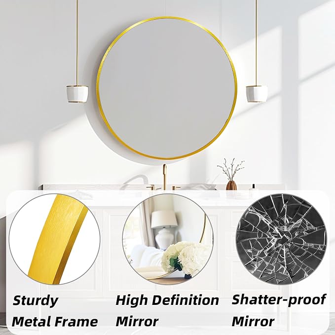 Gold Round Mirror, Circle Mirror 24 inch, Gold Round Bathroom Mirrors, Circle Wall Mirrors for Bathroom, Living Room, Hallway, Vanity, Over Sink, Mantel