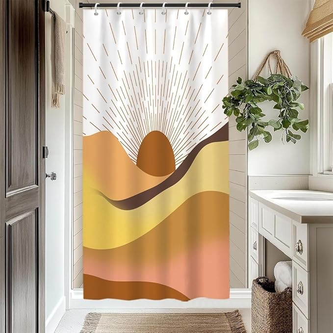 Mid Century Boho Shower Curtain Set Abstract Orange Sunrise Mountain Bathtub Curtains Brown Retro Minimalist Aesthetic Bathroom Decor Machine Washable Waterproof Polyester Fabric with Hooks 36x72 Inch