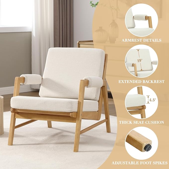 CIMOTA Mid Century Modern Accent Chair Set of 2, Linen Upholstered Living Room Chairs with Arms, Comfy Reading Chair with Solid Wood Frame, High Back for Bedroom, Waiting Room, Office, Beige
