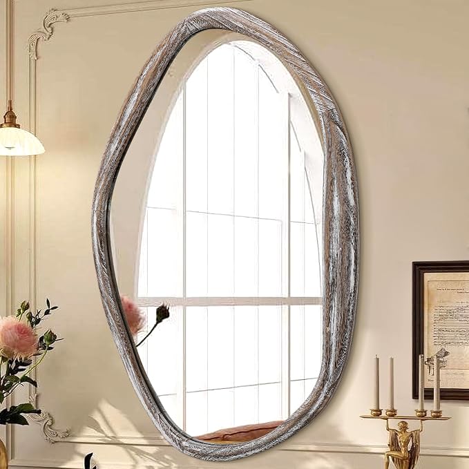 JJUUYOU Asymmetrical Mirrors Large Irregular Bathroom Wall Mirror 28"x20" Large Wooden Frame Modern Mirror Wall Mirror for Makeup Bathroom Living Room,Brown