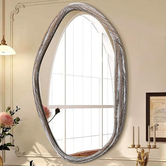 JJUUYOU Asymmetrical Mirrors Large Irregular Bathroom Wall Mirror 28"x20" Large Wooden Frame Modern Mirror Wall Mirror for Makeup Bathroom Living Room,Brown