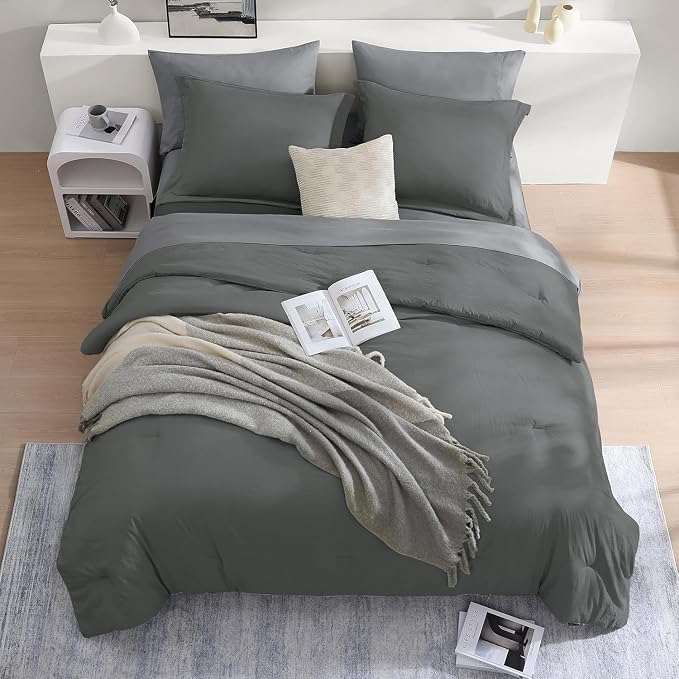 WRENSONGE King Size Comforter Set- 7 Pieces Soft Grey Bed in a Bag with Fitted Sheet, Flat Sheet, 2 Pillow Shams, and 2 Pillowcases- Warm Bedding Set for All Season