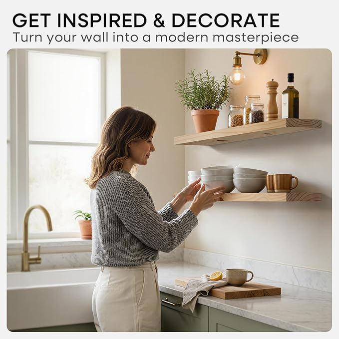 Homeforia 36 inch Natural Floating Shelf, High End Solid Real Wood 36inch Small Floating Shelves for Wall Mounted, Natural Wooden Floating Shelves, Heavy Duty Bracket, 36 X 6.5 X 1.75 in, Set of 3
