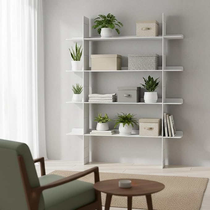 4 Tier Floating Book Shelf, Metal Wall Mounted Storage Shelves with 2 Uprights & 4 Shelves, Easy Install Display Shelf for Books, Plants, Decor & Collectibles, White