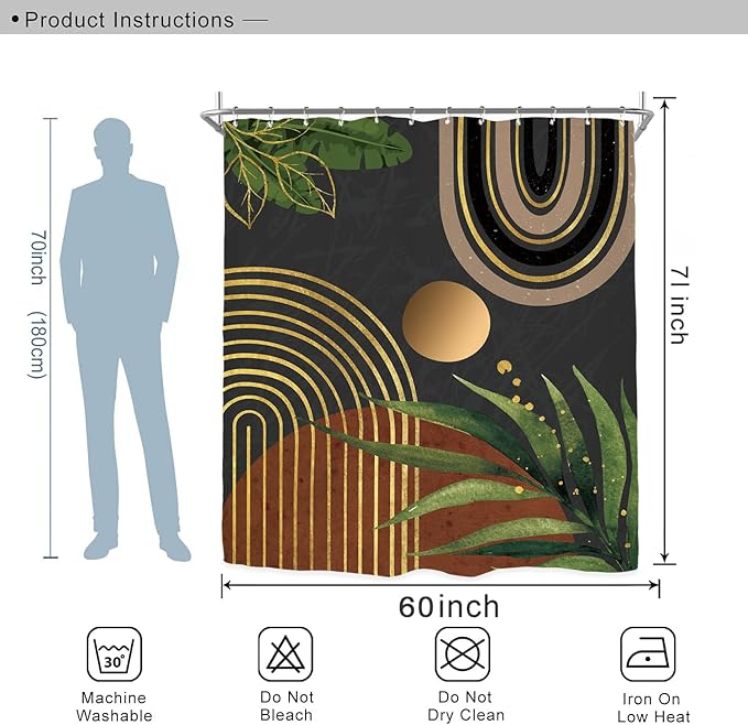 Miyotaa Abstract Minimalist Shower Curtain Set 60Wx71H Inches Aesthetic Modern Dark Burnt Orange Black Contemporary Plant Leaves Polyester Waterproof Cloth Bathroom Curtain with 12 Hooks
