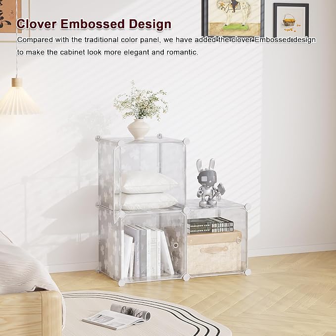 C&AHOME Cube Storage Organizer with Doors, 3-Cube Shelves, DIY Plastic Modular Bookshelf, Closet Clothes Storage Shelving Ideal for Bedroom, Living Room, Clover Embossed, White
