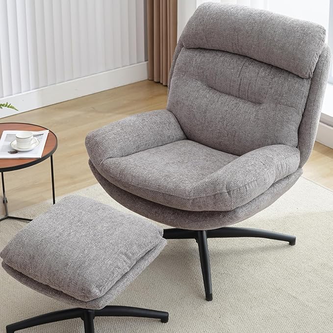 Swivel Accent Chair with Ottoman Set for Living Room, Chenille Comfy Reading Chair with High Back, TV Lounge Chair with 360 Degree Swiveling, Tilting for Bedroom, Modern Armchair with Footrest, Grey