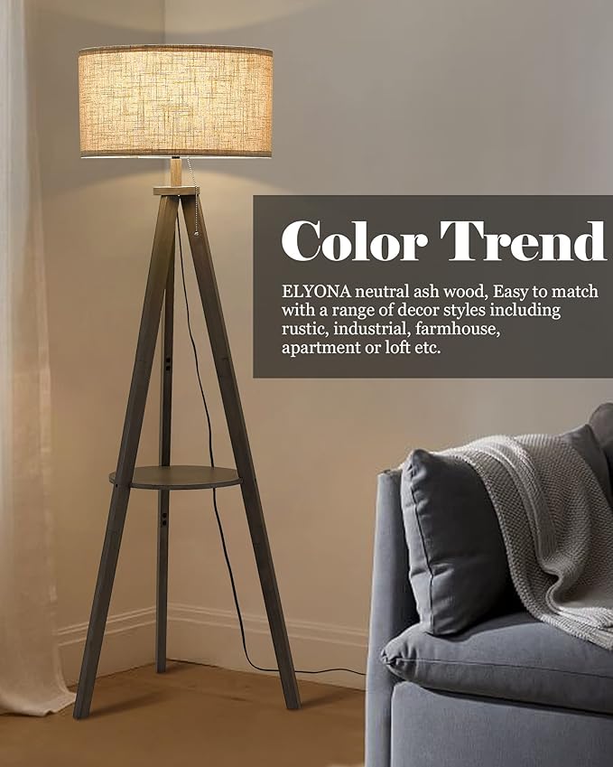 ELYONA Tripod Floor Lamp with 3 Color Temperatures LED Blub, Wood Floor Lamp with Table - Farmhouse Tall Reading Standing Light for Living Room, Bedroom, Office, Study Room, Pull Chain Controls, Grey