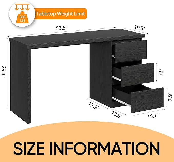 furtble Computer Desk with Drawers, 53.5 inches Wood Work Desk, Home Office Desks Workstation with Storage, Modern Gaming Computer Table for Bedroom, Living Room, Black