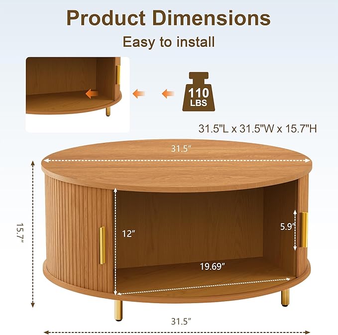 DHH Round Coffee Table, 31.5" Mid Century Modern Coffee Table with 360° Sliding Tambour Door, Fluted Accent Coffee Table with Storage,Adjustable Footpads for Living Room, Yellow Walnut