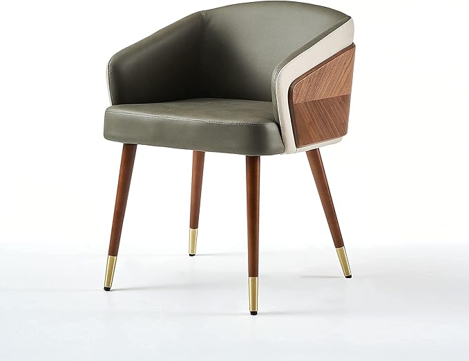 ARTPLAN Modern Upholsted Accent Dining Chairs,Mid-Century Faux Leather with Walnut for Kitchen,Office Waiting Room Arm Sitting Chair, Beech Legs Dissassembly Adjustable Feet,Army Green