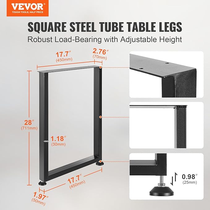 VEVOR 28 Inch Adjustable Furniture Legs, Square Reinforced Steel Office Table Legs Set of 2 for DIY, Max Load 1000 lbs Heavy Duty Desk Legs, Quick Instalation & Rich Accessories Legs Black
