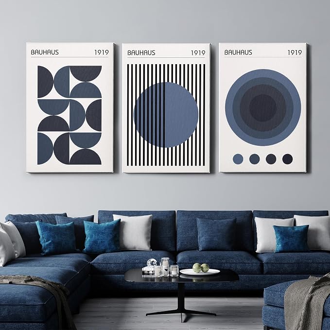Minimalist Geometric Wall Art Bauhaus Exhibition Poster Abstract Shape Prints Mid Century Modern Artwork Boho Modern Pictures Abstract Geometric Painting Blue Bauhaus Poster 16x24inch Wood Framed