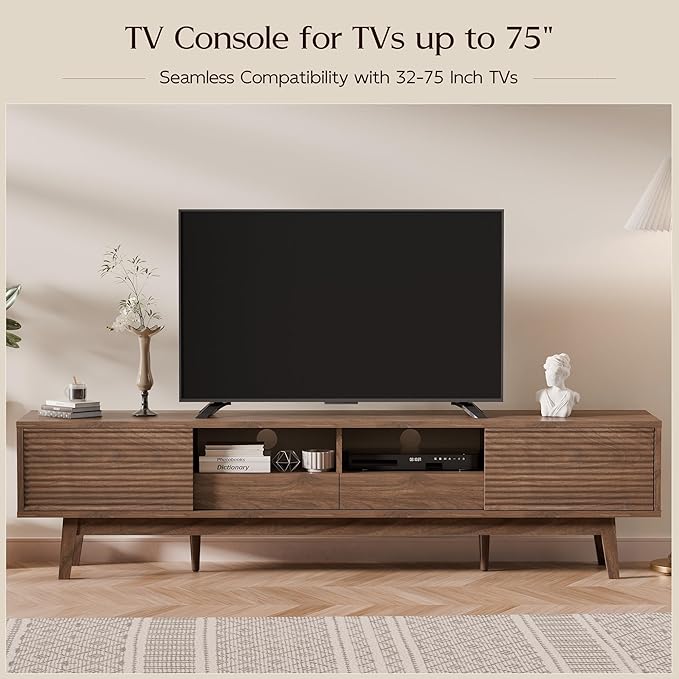 TOLEAD 70" TV Console with Fluted Sliding Doors, Mid Century Modern TV Stand for 55/65/75 Inch TV, Low Profile, Boho Media Console Credenza for Living Room, Walnut