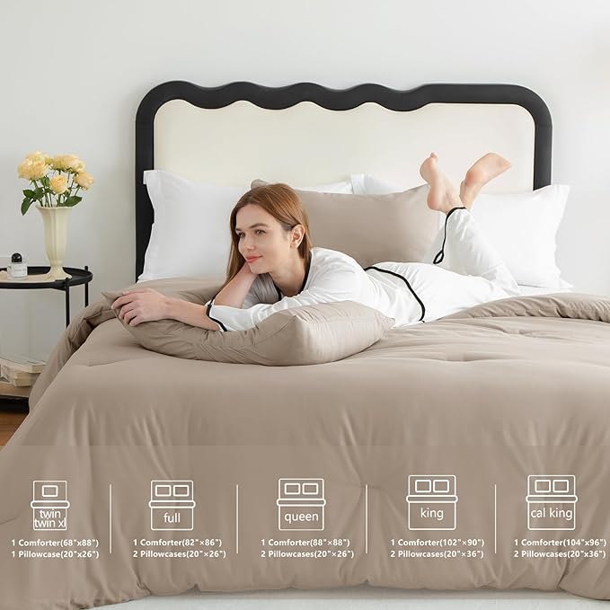 CozyLux King Size Comforter Set Khaki, 3 Pieces Lightweight Down Alternative Quilted Bedding Sets, Gray All Season Soft Breathable Solid Comforter with 2 Pillowcases, Luxury Bed Set Gift for Home