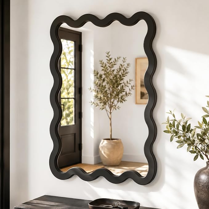24"x36" Matte Black Wavy Wall Mirror for Bathroom Vanity, Large Solid Wood Asymmetrical Mirror, Irregular Squiggle Mirror for Bedroom, Modern Funky Aesthetic Decor