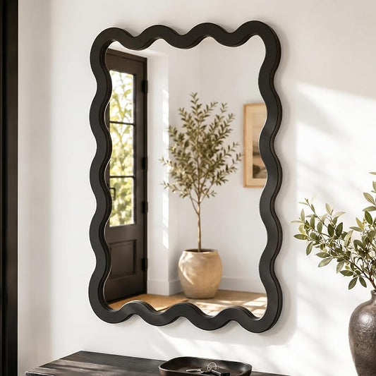 22"x30" Matte Black Wavy Wall Mirror for Powder Room & Vanity, Solid Wood Squiggle Mirror, Small Asymmetrical Irregular Mirror, Funky Aesthetic Decor, Vertical/Horizontal
