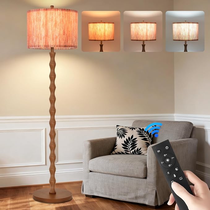 Wood Floor Lamps for Living Room Boho Farmhouse Floor Lamp with Remote Control,Dimmable Vintage Floor Lamp Mid Century Modern Standing Lamp with 3 Color Temperature Tall Floor Lamps For Bedroom Corner