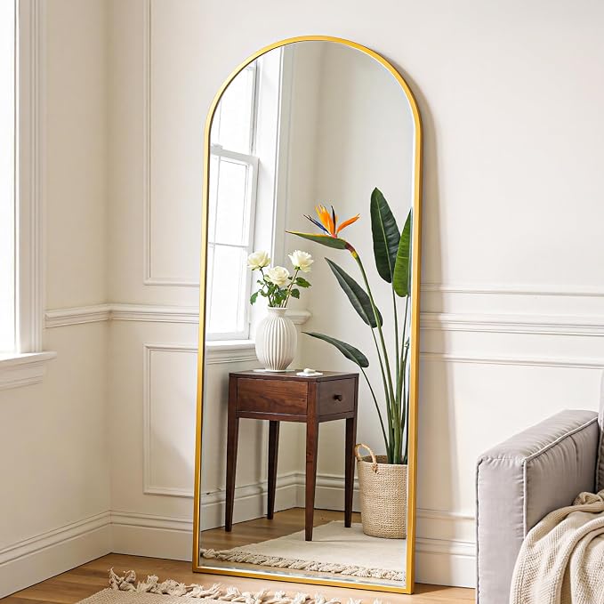 OLIXIS Gold Arched Full Length Mirror 60"x16" for Bedroom, Full Body Mirror with Stand, Hanging or Leaning for Wall, Aluminum Alloy Thin Frame Floor Standing for Living Room