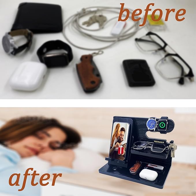 VEIYAILU Gifts for Dad Men Mom Women from Daughter Son Birthday Gifts Nightstand Organizer Mens Wood Phone Docking Station (Black)