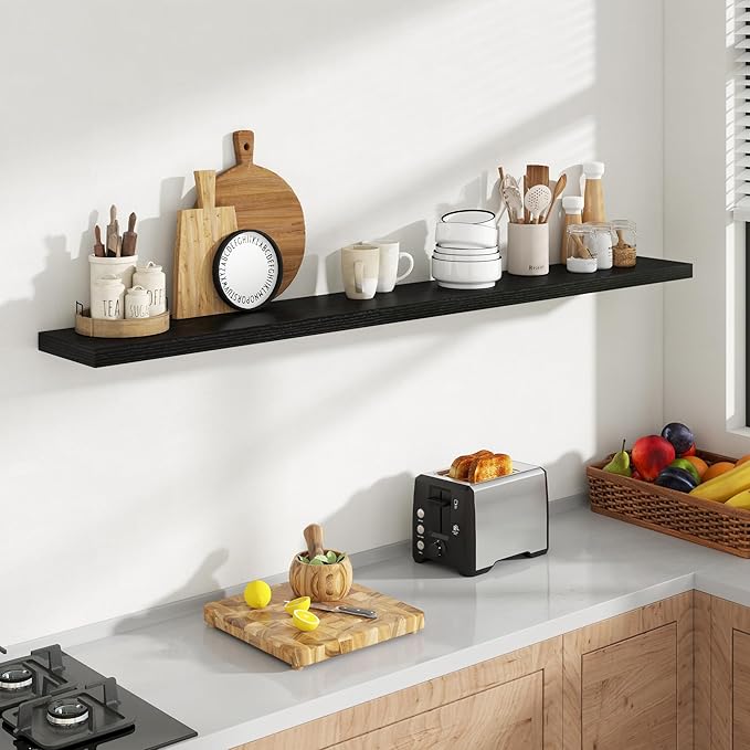 72 Inch Floating Shelves, 8 Inch Deep Floating Shelves for Wall, Hanging Shelf with Invisible Brackets, Deep Shelves for Bathroom, Bedroom, Living Room, Black, Set of 1