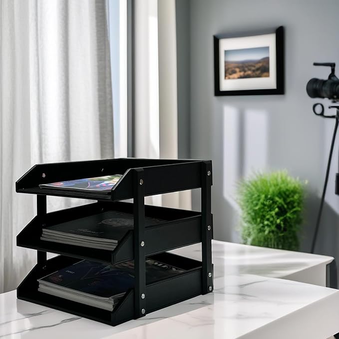 UnionBasic 3-Layer Document Paper Letter Tray, Faux Leather Desktop File Sorter Organizer Tray, Black