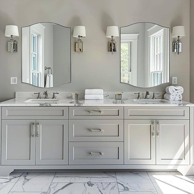 ANDY STAR 30"x40" Scalloped Wall Mirror，Polished Chrome Rectangle Bathroom Mirror with Curved Edge Stainless Steel Metal Frame, Large Wall-Mounted Mirror for Bathroom, Entryway (Horizontal/Vertical)