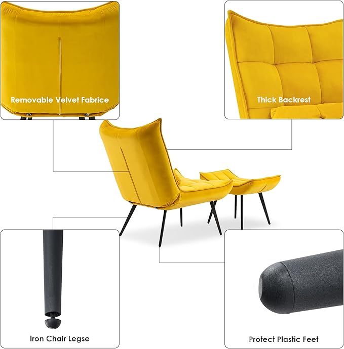 MCombo Accent Chair with Ottoman, Modern Velvet Wingback Lounge Chair, Upholstered Club Chair for Small Space, Living Room & Bedroom 4079 (2, Yellow)