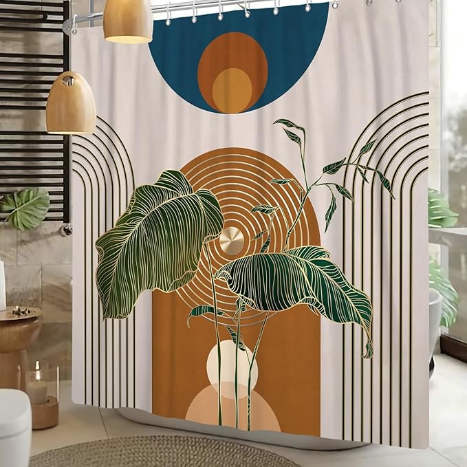 Boho Shower Curtain for Bathroom Modern Mid Century Plant Palm Leaves Bath Curtain Modern Minimalist Geometric Arch Bath Decor Waterproof Polyester Fabric Curtains Set 72x72 inch