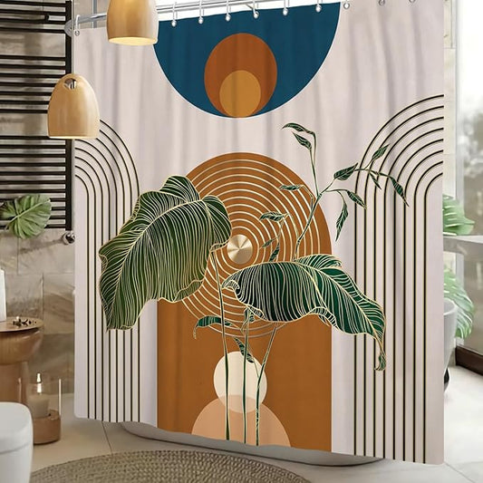 Boho Shower Curtain for Bathroom Modern Mid Century Plant Palm Leaves Bath Curtain Modern Minimalist Geometric Arch Bath Decor Waterproof Polyester Fabric Curtains Set 72x72 inch