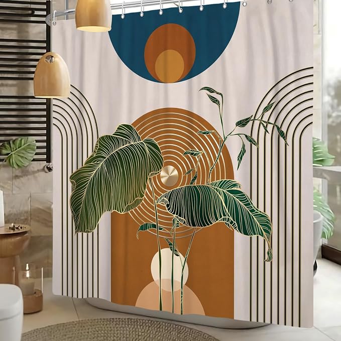 Boho Shower Curtain for Bathroom Modern Mid Century Plant Palm Leaves Bath Curtain Modern Minimalist Geometric Arch Bath Decor Waterproof Polyester Fabric Curtains Set 72x78 inch