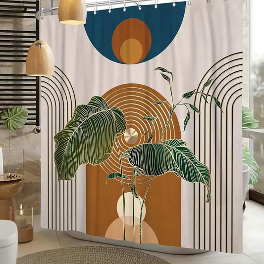 Boho Shower Curtain for Bathroom Modern Mid Century Plant Palm Leaves Bath Curtain Modern Minimalist Geometric Arch Bath Decor Waterproof Polyester Fabric Curtains Set 72x72 inch