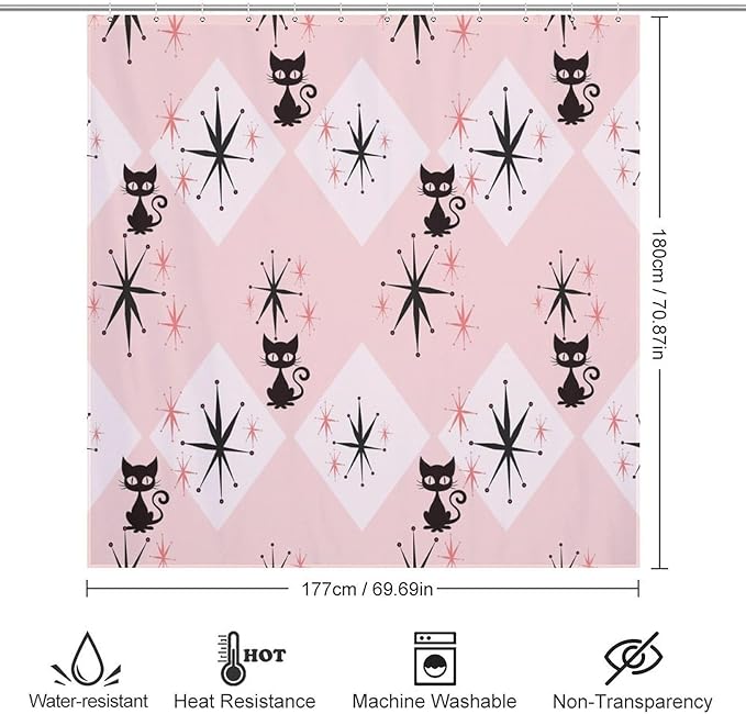 Mid Century Modern Shower Curtain,Pink Retro Atomic Cat Abstract Geometric 1960s Fabric Bathroom Decor Curtains with Hooks 72x72in（183x183cm）