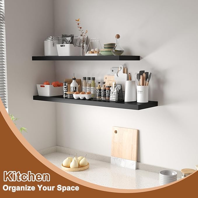 12 Inch Deep Floating Shelves, 36" W x 12" D Wood Floating Shelves for Wall, Large Storage Space Wall Mount Shelf with Invisible Brackets for Living Room Kitchen Bathroom, 1 Pack, Black