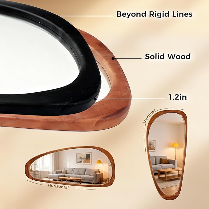Asymmetrical Wall Mirror with Paulownia Wood Frame, Large Abstract Design for Boho and Mid Century Modern Spaces, Statement Piece for Entryway Living Room Hallway Bedroom 48" H x 22" W