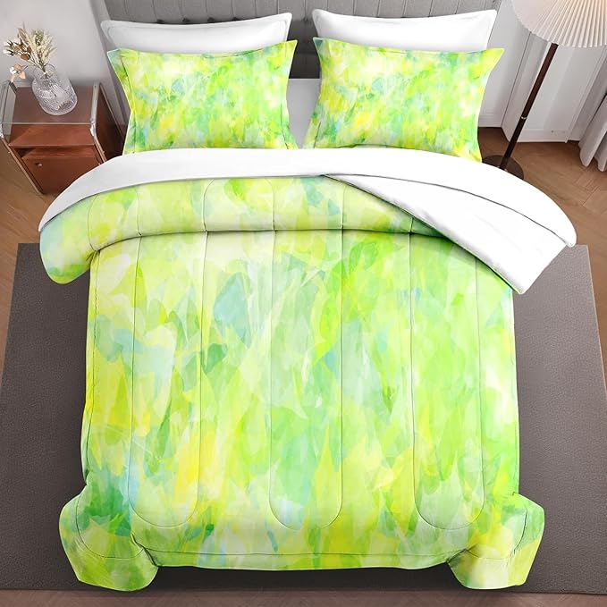 5Pcs Comforter Set Twin Size, Modern Cool Lime Green Abstract, Bed Decor Cold Light Citrus Wave Space Bedroom Bedding Set with Flat Sheet Fitted Sheet Pillowcases Shams for Kids and Adults