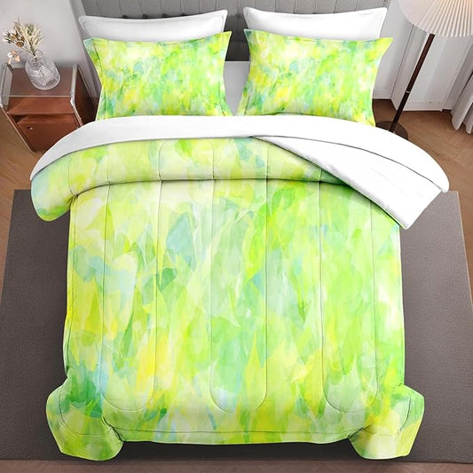 7Pcs Comforter Set King Size, Modern Cool Lime Green Abstract, Bed Decor Cold Light Citrus Wave Space Bedroom Bedding Set with Flat Sheet Fitted Sheet Pillowcases Shams for Kids and Adults