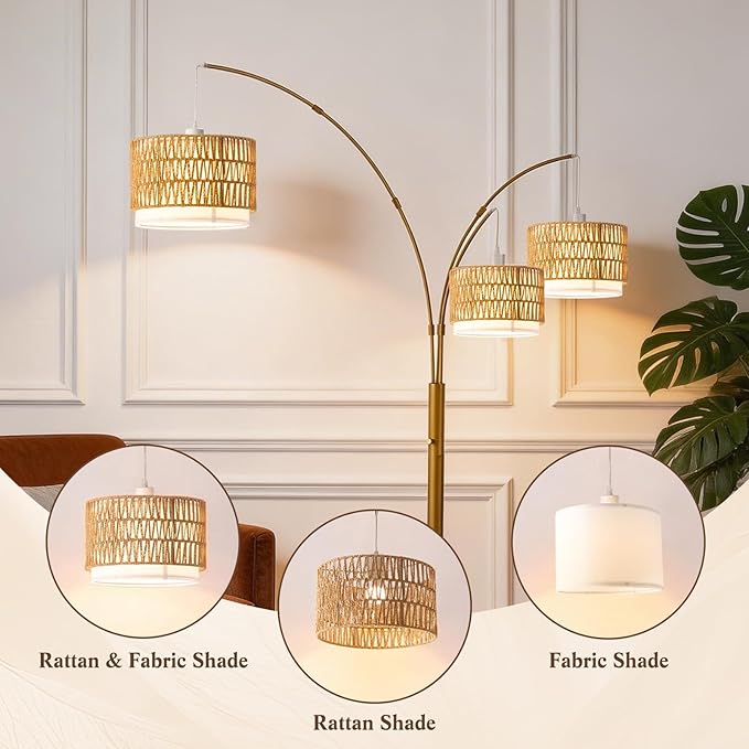 Gold Arc Floor Lamp for Living Room, Boho Floor Lamp with Stepless Dimmable Switch, Rattan Standing Lamp with Wicker&Fabric Shade, Mid Century Tall Lamp for Bedroom Over Couch Reading