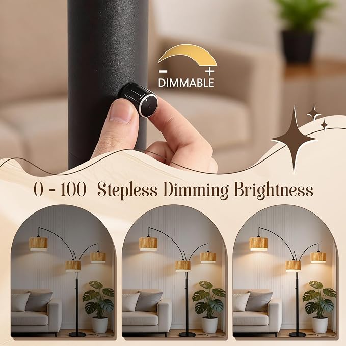 Boho Arc Floor Lamp for Living Room, Rattan Floor Lamp with Stepless Dimmable Switch, Farmhouse Standing Lamp with Wicker&Fabric Shade, Industrial Black Tall Lamp for Bedroom Over Couch Corner