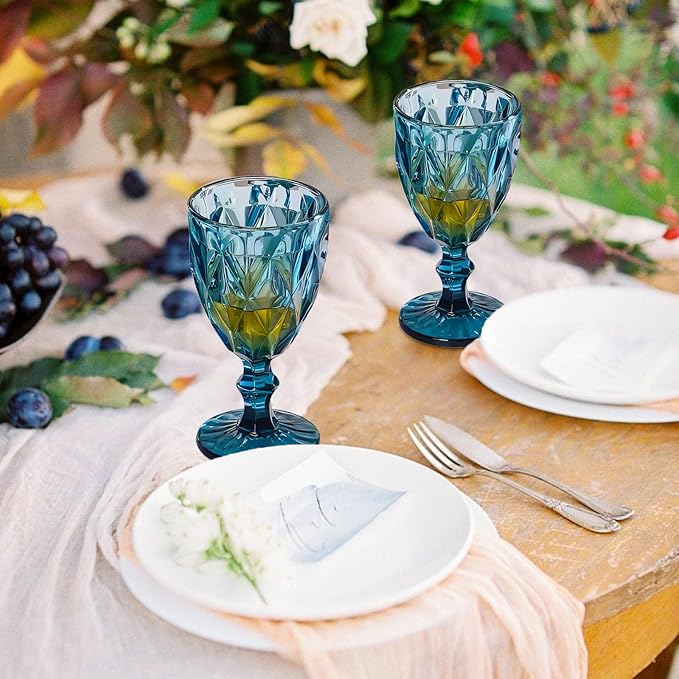 12 Pack Vintage Wine Glasses, Plastic Reusable 12 Ounce Colored Water Goblets, Unique Embossed Pattern Unbreakable Stemmed Wine Glasses High Clear Wedding Party Bar Drinking Cups Blue
