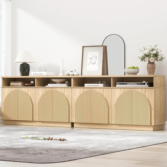 Yechen Fluted Sideboard Buffet Cabinet with Arched Reeded Doors, Mid Century Modern Credenza Storage Cabinet with Adjustable Shelves, TV Stand for Living Room Kitchen Entryway/2 Pieces/Natural Oak