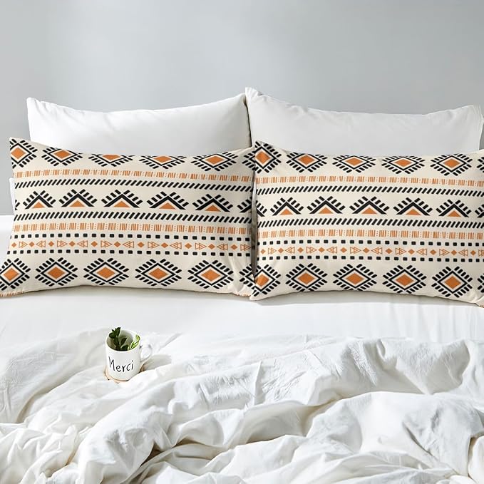 Bohemian Aztec Comforter Cover Boho Hippie Bed Set, Western Tribal Pattern Duvet Cover Queen Size Native Indian American Bedding Sets, Abstract Geometric Bedspread Cover Beige Black Orange 3pcs