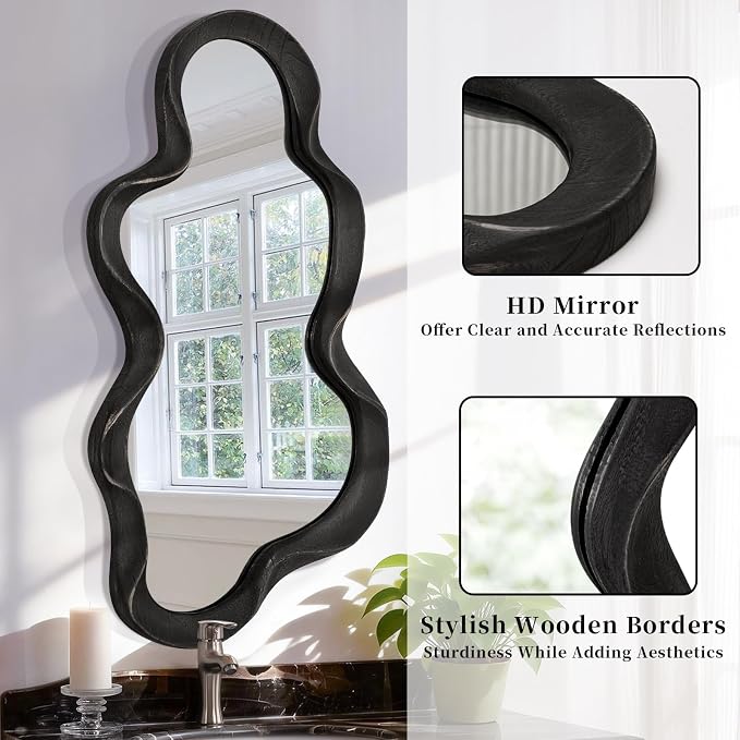 Asymmetrical Irregular Wall Mirror Modern Wooden Frame Mirrors Modern and Stylish Cloud Wavy Mirrors Decorative for Cloakroom Bedroom Living Room Bathroom Entryway 47" x 22"