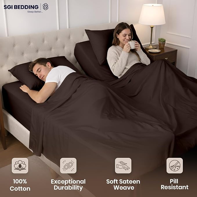 SGI Split King Sheet Set for Adjustable Bed Egyptian Premium Cotton 600 Thread Count Sheets for Sleep Number Bed 15" Deep Pocket 5 Pc Set with 2 Twin XL Fitted Sheets Soft Breathable -Chocolate