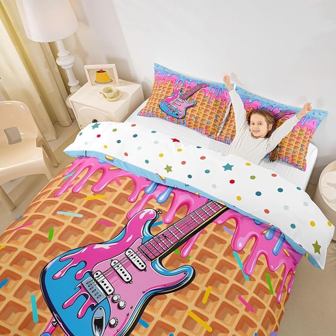 Erosebridal Guitar Music Comforter Cover Full for Girls - Blue Pink Ice Cream Drip Dessert Bedding Set Sweet Candy Duvet Cover,Summer Dessert Party Bed Set