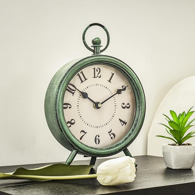EMAX HOME Vintage Rustic Green Table Clock on Stand, Decorative Desk and Shelf Clock，Decorative Battery Operated Table Top Clock for Living Room，Silent Non-Ticking