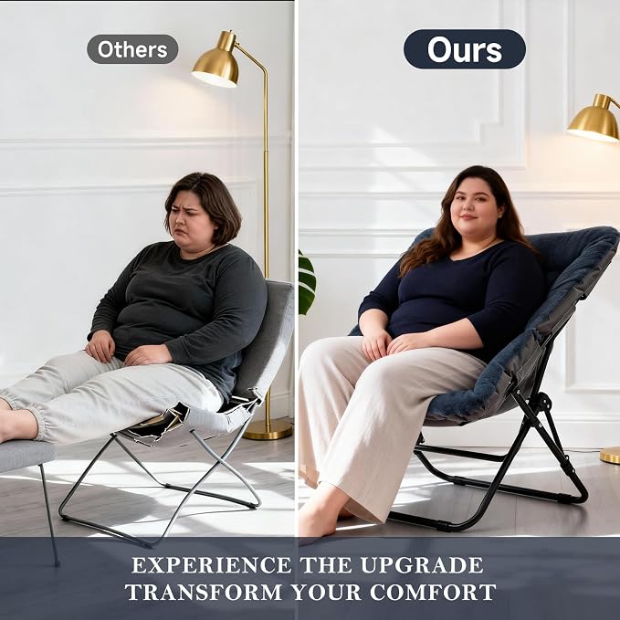 Furlide Saucer Chair, Comfy Doorm Chairs, Oversized Folding Faux Fur Chair, Foldable Metal Frame Chair, for Bedroom, Living Room, Balcony, Study, Playroom (Navy Blue)